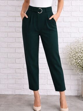 The Korner Emerald Green Belted High Waist Cropped Tapered Leg Trousers Size 4